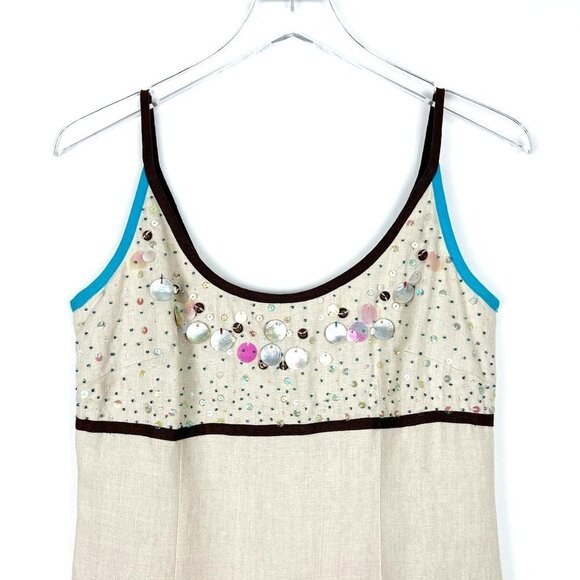 Donna Morgan Tank Dress Women's 6 Khaki 100% Linen Shell Bead Embellished Midi - Picture 2 of 14